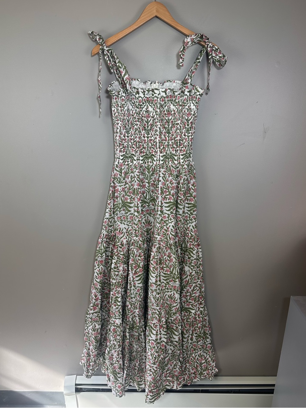 NWT Anna Cate Cali Tiered Maxi Dress L Green Pink White Floral Smocked Cotton